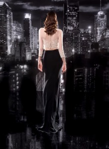 Style #118, fit and flare chiffon skirt, long sleeves mess over lace with lace wrap around the top, available in cream