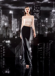 Style #118, fit and flare chiffon skirt, long sleeves mess over lace with lace wrap around the top, available in cream