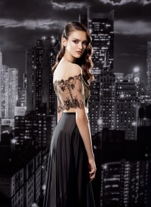 Style #121, illusion off the shoulder lace top covering the chest with a chiffon skirt, available in black
