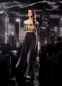 Style #121, illusion off the shoulder lace top covering the chest with a chiffon skirt, available in black