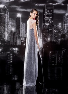Style #125, sheath style spaghetti strap floor-length dress with a handmade rose on one strap, available in milk, nude, black, blue, green, light blue, red and white