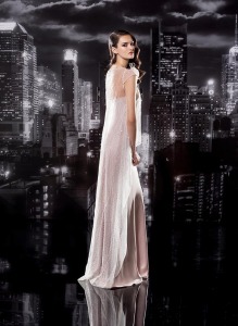 Style #125, sheath style spaghetti strap floor-length dress with a handmade rose on one strap, available in milk, nude, black, blue, green, light blue, red and white