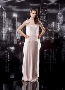 Style #125, sheath style spaghetti strap floor-length dress with a handmade rose on one strap, available in milk, nude, black, blue, green, light blue, red and white