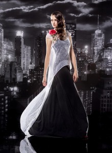 Style #125, sheath style spaghetti strap floor-length dress with a handmade rose on one strap, available in milk, nude, black, blue, green, light blue, red and white