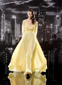 Style #127, long sleeves floor length v-neckline dress with mesh over decorated with embellishments, available in milk, white, cornflower-blue, mint, grey, yellow, green, red, black, lilac, pink, pink-ivory, peach, berry and cool blue