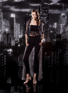 Style #130, crop satin top with lace embellishments on the bottom, lace cardigan with 3/4 sleeves and organza fabric to the floor, straight fitted pants, trousers available in black and milk; cardigan top available in black and milk