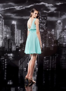Style #133, short cocktail dress v-neck with mesh overlay the neckline and decorated with embellishments, available in cream, white, cornflower-blue, mint, grey, yellow, green, red, black, lilac, pink, pink-ivory, peach, berry and cool blue