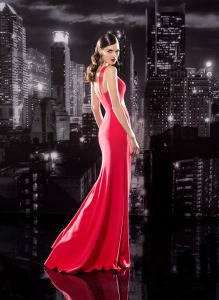 Style #134, one shoulder floor length fit and flare dress with open slit between the chest and waist, available in black, blue, cream, pink-ivory, green, light blue, red and white
