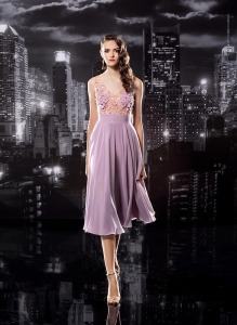 Style #135, midi cocktail dress with mesh v-neck flower embellishment through out the top, chiffon skirt, available in milk, white, cornflower-blue, mint, grey, yellow, green, red, black, lilac, pink, pink-ivory, peach, berry and cool blue