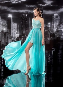 Style #136, short fitted lace cocktail dress with one shoulder lace decorated and sheer mesh on the other shoulder, attachable floor length chiffon pleated skirt, available in turquoise, white, cream and black