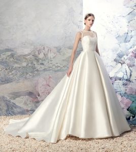 Style #1605L, mikado ball gown wedding dress with pleated skirt and illusion neckline, available in white and ivory