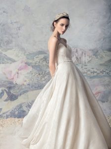 Style #1609, sweetheart neckline jackquard a-line wedding gown with train, available in ivory