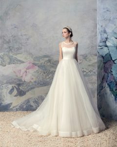 Style #1619L, ball gown wedding dress with tulle skirt and illusion neckline, available in cream