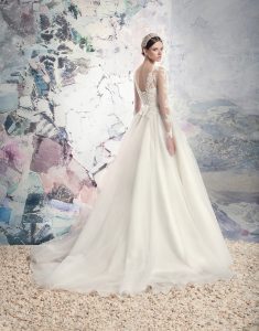 Style #1628L, tulle ball gown wedding dress with lace illusion neckline and sleeves, available in cream