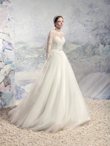 Style #1628L, tulle ball gown wedding dress with lace illusion neckline and sleeves, available in cream