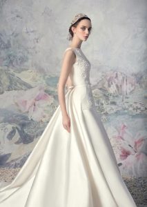 Style #1643L, taffeta a-line wedding dress with high neckline, available in cream