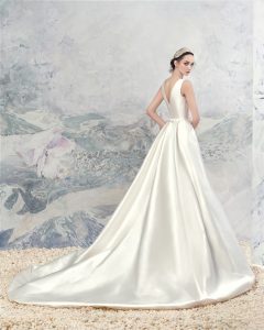 Style #1643L, taffeta a-line wedding dress with high neckline, available in cream
