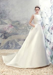 Style #1643L, taffeta a-line wedding dress with high neckline, available in cream