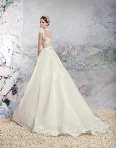Style #1644L, organza a-line wedding gown with illusion lace bodice and lace hem, available in white