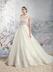 Style #1644L, organza a-line wedding gown with illusion lace bodice and lace hem, available in white