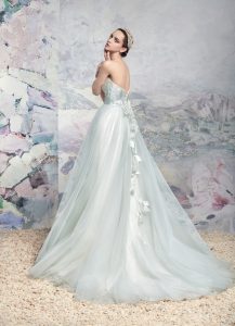 Style #1648L, tulle and tafetta ball gown wedding dress with floral detail, available in light blue and light pink