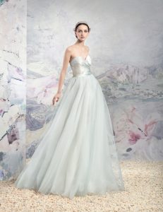 Style #1648L, tulle and tafetta ball gown wedding dress with floral detail, available in light blue and light pink