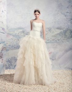 Style #1651L, ball gown wedding dress with layered tulle and lace skirt, available in cream