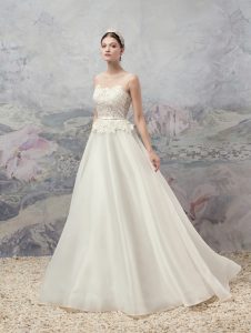 Style #1662, a-line wedding dress with lace bodice, available in cream