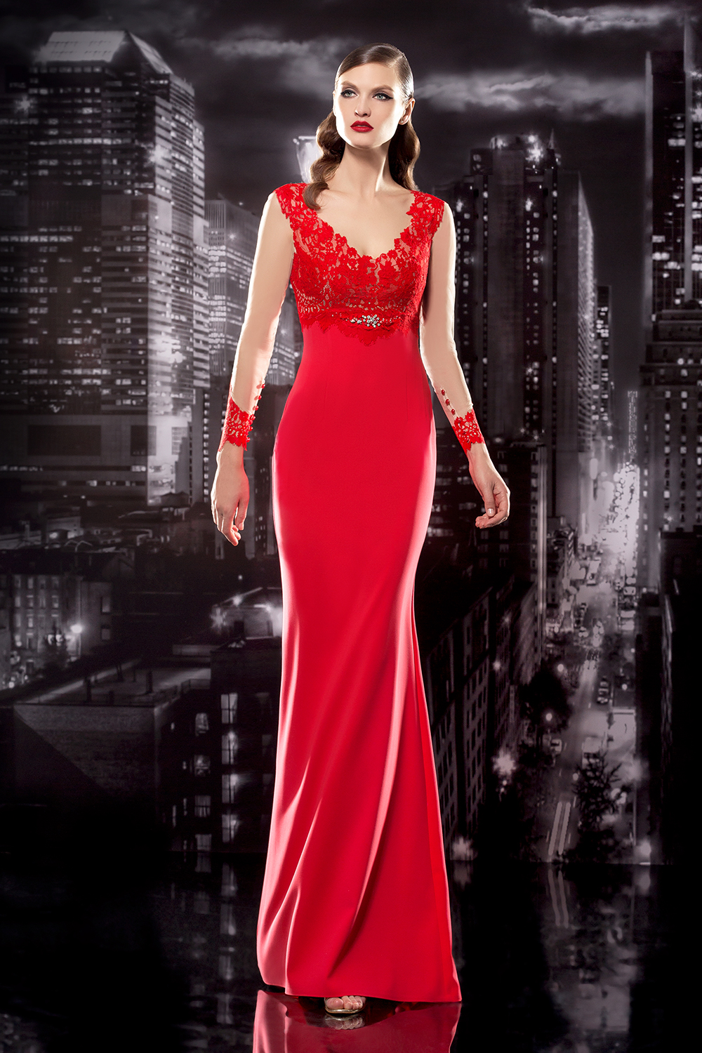 100 Lace Bodice Gown with Illusion Long Sleeves