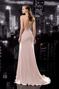 Floor Length Gown with Illusion Back & Plunging Neckline