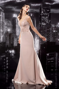 Floor Length Gown with Illusion Back & Plunging Neckline