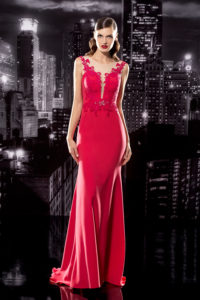 Floor Length Gown with Illusion Back & Plunging Neckline