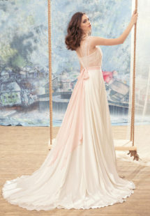 Style #1700L, A-line chiffon wedding dress with beaded lace bodice, available in ivory, ivory-pink (photo)