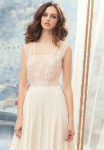 Style #1700L, A-line chiffon wedding dress with beaded lace bodice, available in ivory, ivory-pink (photo)