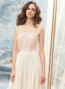 Style #1700L, A-line chiffon wedding dress with beaded lace bodice, available in ivory, ivory-pink (photo)