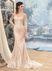 Style #1702L, 3/4 sleeve sheath wedding dress with hand-made embroidery and illusion neckline, available in ivory, tea-rose (photo)