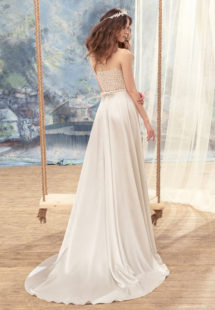 Style #1703L, empire waist A-line wedding dress with 3-D floral embroidered bodice, available in ivory, ivory-pink (photo)