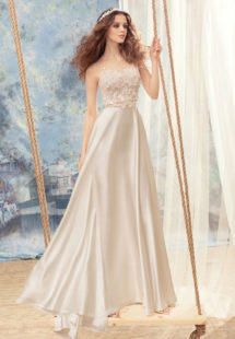 Style #1703L, empire waist A-line wedding dress with 3-D floral embroidered bodice, available in ivory, ivory-pink (photo)