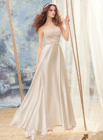 Style #1703L, empire waist A-line wedding dress with 3-D floral embroidered bodice, available in ivory, ivory-pink (photo)