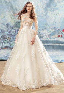 Style #1707L, spaghetti strap ball gown wedding dress with beaded lace bodice and lace appliques down the skirt; comes with a separate 3/4 sleeve illusion lace bolero, available in ivory (with nude cup), ivory (with ivory cup)