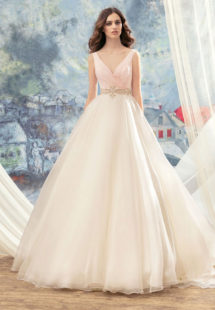 Style #1713L, organza ball gown with hand beaded belt and floral décor at the back, available in ivory, ivory-pink (photo)