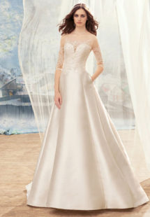 Style #1714L, illusion neckline mikado A-line wedding dress with 3/4 length sleeves and embroidered top, available in ivory