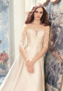Style #1714L, illusion neckline mikado A-line wedding dress with 3/4 length sleeves and embroidered top, available in ivory