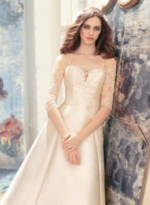 Style #1714L, illusion neckline mikado A-line wedding dress with 3/4 length sleeves and embroidered top, available in ivory