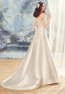 Style #1714L, illusion neckline mikado A-line wedding dress with 3/4 length sleeves and embroidered top, available in ivory