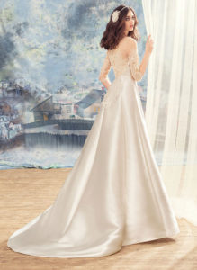 Style #1714L, illusion neckline mikado A-line wedding dress with 3/4 length sleeves and embroidered top, available in ivory