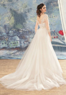 Style #1715, beaded lace sheath wedding dress with illusion 3/4 length sleeves and detachable tulle train, available in ivory