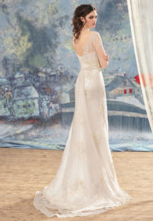 Style #1715, beaded lace sheath wedding dress with illusion 3/4 length sleeves and embroidery around the waist, available in ivory
