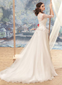 Style #1716L, tulle A-line wedding gown with illusion lace sleeves and beaded bodice, available in white-ivory