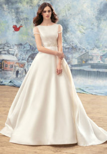 Style #1718L, sheer short sleeve Mikado ball gown wedding dress with embroidery around the waist, available in ivory